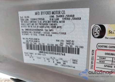 2005 Mercury Monterey Premier из США, поврежденный, VIN 2MRDA23285BJ02768